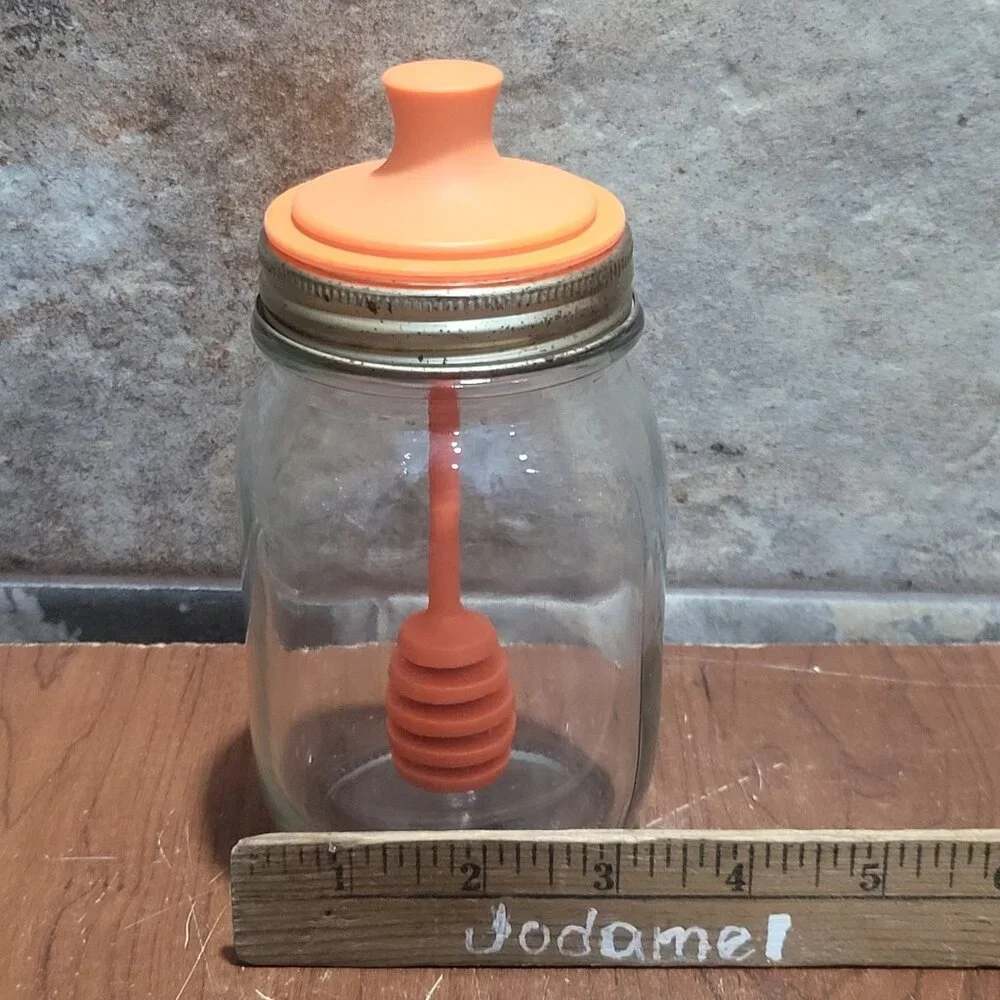 Glass Mason Honey Dipper Jar Special Lid Holds integrated Honey Dipper Wand